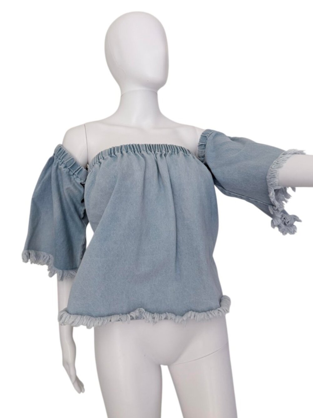 J.O.A. Off the Shoulder Frayed Denim Top Women's Size M Light Wash RARE Boho EUC - Picture 2 of 13